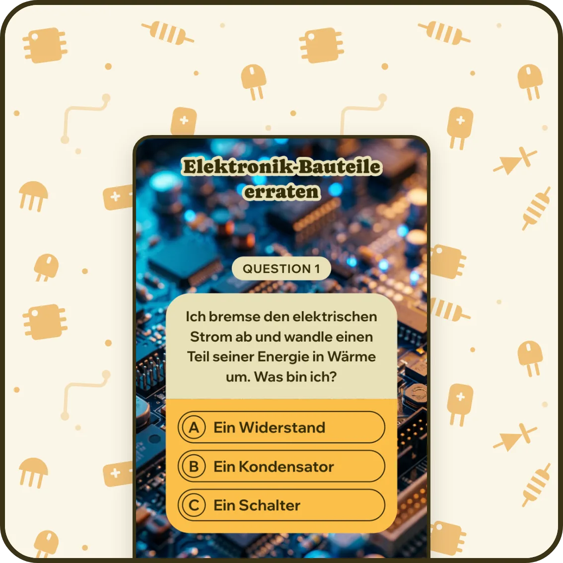 Screenshot of a German quiz video titled 'Elektronik-Bauteile erraten' asking which component converts electrical energy into heat