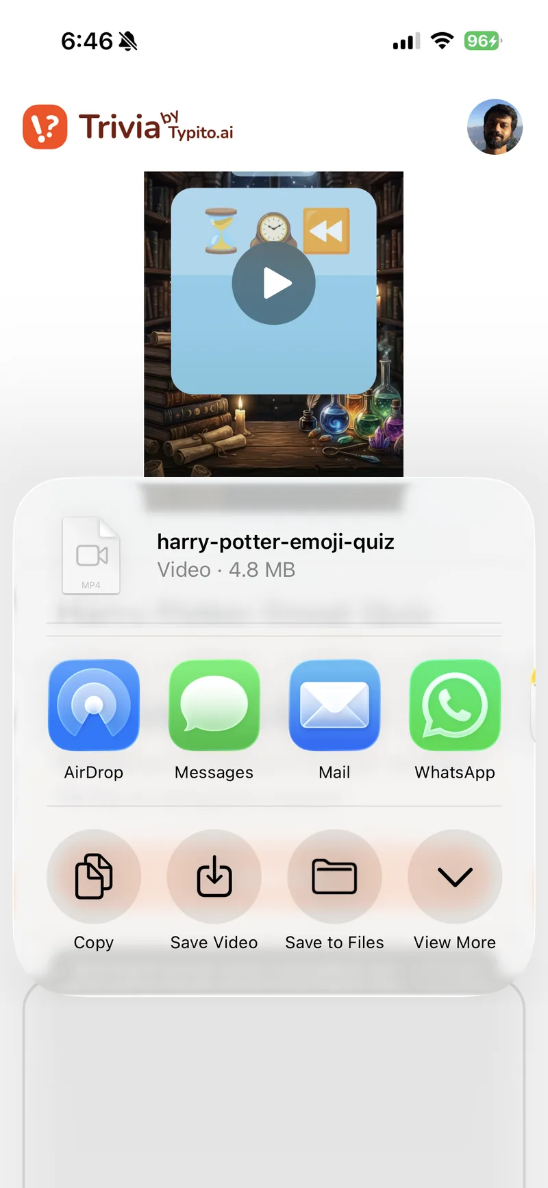 The iOS share sheet with Save Video, putting the quiz video in the camera roll
